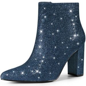 Glitter Pointed Toe Chunky Heel Sparkly Booties Ankle Boots Navy Blue